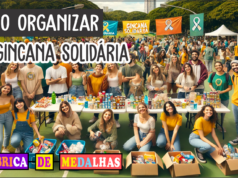 Como Organizar uma Gincana Solidária: Guia Completo para Engajar e Ajudar “Pessoas participando de uma gincana solidária em parque ao ar livre, realizando desafios e arrecadando doações com clima alegre e colaborativo.”