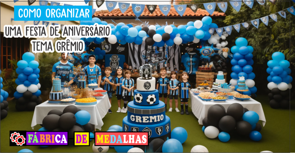 "Festa de aniversário temática do Grêmio com balões azul, preto e branco, bolo decorado com escudo do clube, convidados com camisas do time e mesa com medalhas personalizadas em um quintal festivo."