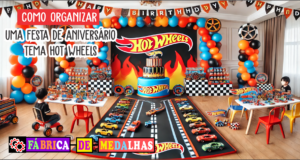 Como Organizar uma Festa de Aniversário Tema Hot Wheels Inesquecível Festa de aniversário infantil com tema Hot Wheels, com decoração vibrante em vermelho, azul, preto e laranja, balões, pista de corrida, carrinhos, bolo temático e crianças brincando; medalhas e troféus sobre uma mesa ao lado.