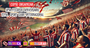 Como Organizar uma Festa de Aniversário Tema Sport Club Internacional: Dicas Incríveis! Torcida do Internacional de Porto Alegre comemorando em estádio lotado, com bandeiras vermelhas e brancas, clima festivo e pôr do sol ao fundo, inspirando a paixão pelo futebol gaúcho.