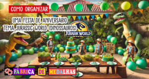 Como Organizar uma Festa de Aniversário Jurassic World Inesquecível: Guia Completo "Decoração de festa de aniversário com tema Jurassic World em um quintal, incluindo dinossauros infláveis, balões verdes em estilo selva, bolo temático e crianças fantasiadas de exploradores."
