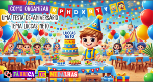 Como Organizar uma Festa de Aniversário Tema Luccas Neto: Guia Completo Festa de aniversário infantil com tema Luccas Neto, com balões coloridos, bolo decorado, crianças brincando e decoração alegre em azul, vermelho e amarelo.