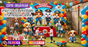 Como Organizar uma Festa de Aniversário Patrulha Canina Inesquecível: Guia Completo "Festa de aniversário infantil com tema de cachorrinhos heróis, decoração colorida em azul, vermelho e amarelo, crianças brincando e recebendo medalhas em ambiente alegre ao ar livre."