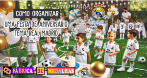 Como Organizar uma Festa de Aniversário Tema Real Madrid: Guia Completo "Festa de aniversário ao ar livre com tema Real Madrid, crianças com camisetas brancas jogando futebol, decoração com balões brancos e dourados, bolo em formato de campo de futebol, banner 'Craque do Real Madrid' e medalhas sobre a mesa."