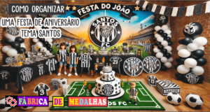 Como Organizar uma Festa de Aniversário Tema Santos FC: Dicas Incríveis! “Festa de aniversário temática do Santos FC com decoração preta e branca, bolo personalizado com o escudo do time, crianças com camisetas do Santos, campo de futebol infantil para brincadeiras e mesa com medalhas e troféus.”