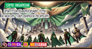 Como Organizar uma Festa de Aniversário Attack on Titan Incrível: Dicas e Inspirações Banner de festa temática inspirado em anime militar, com muralha gigante ao fundo, cidade de fantasia estilizada, heróis com capas verdes e brasões alados, em cenário épico com bandeirolas e confetes festivos.