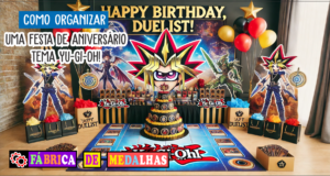 Como Organizar uma Festa de Aniversário Tema Yu-Gi-Oh: Guia Completo Festa de aniversário infantil com tema inspirado em duelo de cartas mágico, com balões coloridos, bolo com símbolo místico, arena de duelo no chão e decoração vibrante.