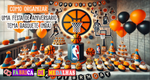 Como Organizar uma Festa de Aniversário com Tema de Basquete (NBA): Dicas Incríveis! Festa de aniversário com decoração temática de basquete NBA, incluindo bolo em forma de bola, cupcakes com logos dos times, balões laranja e preto, e painel ao fundo simulando uma quadra.