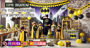 Como Organizar uma Festa de Aniversário com Tema Batman: Guia Completo e Criativo Decoração de festa infantil com tema do batman super-herói, inspirada em cidade sombria, com balões pretos e amarelos, bolo decorado, crianças fantasiadas e ambiente festivo.