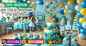 Como Organizar uma Festa de Aniversário Incrível com o Tema Bob Esponja Festa de aniversário infantil com tema fundo do mar, decoração azul e amarela, bolo decorado, balões e elementos marinhos como águas-vivas e estrelas-do-mar.