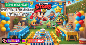 Como Organizar uma Festa de Aniversário Tema Brawl Stars: Guia Completo e Criativo Cena colorida de festa infantil com tema Brawl Stars, incluindo balões, personagens do jogo em estilo cartoon, bolo decorado e medalhas personalizadas sobre a mesa.