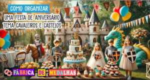 Como Organizar uma Festa de Aniversário Tema Cavaleiros e Castelos: Guia Completo Crianças fantasiadas em festa de aniversário tema Cavaleiros e Castelos com castelo decorativo, bolo temático, balões medievais e atmosfera mágica ao ar livre.