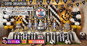 Como Organizar uma Festa de Aniversário Tema Corinthians: Guia Completo "Decoração de festa de aniversário com tema Corinthians, com balões preto e branco, bolo com escudo do time, mesa decorada e convidados usando camisas do Corinthians em um ambiente festivo."