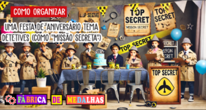 Como Organizar uma Festa de Aniversário Tema Detetives: Missão Secreta Inesquecível “Crianças fantasiadas de detetives em uma festa de aniversário com tema Missão Secreta, decorada com faixas de ‘Top Secret’, lupas, pistas e um bolo temático.”