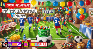 Como Organizar uma Festa de Aniversário Tema FIFA: Guia Completo e Criativo "Festa de aniversário infantil com tema FIFA, incluindo decoração colorida de futebol, bolo em formato de bola, crianças jogando, medalhas personalizadas e ambiente alegre ao ar livre."