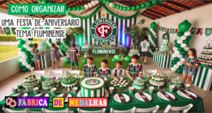 Como Organizar uma Festa de Aniversário Tema Fluminense: Dicas Incríveis e Criativas Festa de aniversário com decoração do Fluminense em formato retangular, com mesas longas decoradas, bolo temático com o escudo do time, balões nas cores verde, branco e grená, convidados com camisas tricolores e elementos de futebol espalhados pelo ambiente.