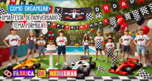 Como Organizar uma Festa de Aniversário Tema Fórmula 1: Dicas Incríveis para um Evento de Alta Velocidade "Festa de aniversário infantil com tema Fórmula 1, decorada com bandeiras quadriculadas, balões vermelhos, pretos e brancos, bolo em forma de carro de corrida, crianças brincando em pista de carrinhos e pódio com medalhas."