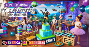 Como Organizar uma Festa de Aniversário com Tema Fortnite: Guia Passo a Passo Festa de aniversário infantil com tema Fortnite, com bolo em forma de supply drop, cupcakes de lhama, balões coloridos, cenário de batalha real e crianças brincando com medalhas personalizadas.