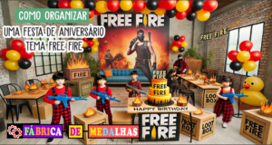 Como Organizar uma Festa de Aniversário com Tema Free Fire: Guia Completo para Pais e Fãs do Jogo "Crianças comemorando festa de aniversário com tema Free Fire, com decoração colorida, bolo personalizado e atividades inspiradas no jogo."