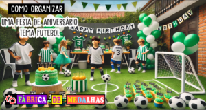 Como Organizar uma Festa de Aniversário Tema Futebol: Guia Completo e Criativo “Festa de aniversário infantil com tema futebol, com decoração verde e branca, crianças brincando com bola, mesa com bolo em formato de campo e cupcakes personalizados.”