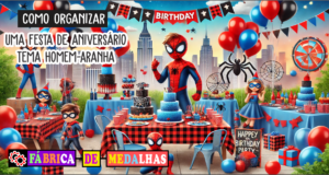 Como Organizar uma Festa de Aniversário Tema Homem-Aranha: Guia Completo Festa de aniversário infantil com tema de super-herói aranha, decoração com balões vermelhos, azuis e pretos, crianças fantasiadas, bolo com teia e clima divertido ao ar livre.