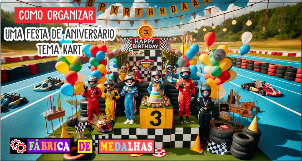 Crianças comemorando em uma festa de aniversário com tema kart, ao ar livre, com pódio decorado, bandeiras quadriculadas, balões e medalhas personalizadas