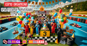 Passo a Passo para Organizar uma Festa de Aniversário com Tema Kart Crianças comemorando em uma festa de aniversário com tema kart, ao ar livre, com pódio decorado, bandeiras quadriculadas, balões e medalhas personalizadas