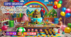 Como Organizar uma Festa de Aniversário com Tema Super Mario Bros: Guia Completo Festa de aniversário infantil inspirada em videogames retrô, com bolo em forma de castelo, cupcakes com cogumelos coloridos, moedas douradas e decoração alegre com balões e personagens animados.