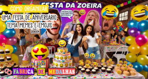 Como Organizar uma Festa de Aniversário com Tema Memes e Emojis: Guia Completo e Criativo Cena de festa de aniversário com tema Memes e Emojis, incluindo balões com carinhas, cartazes de memes em estilo cartoon, mesa de doces colorida e adolescentes tirando selfies em um ambiente decorado com luzes e confetes.