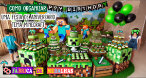 Como Organizar uma Festa de Aniversário com Tema Minecraft: Guia Completo e Criativo "Decoração de festa de aniversário com tema Minecraft, incluindo blocos pixelados, balões verdes e pretos, mesa de doces com bolo do Creeper e crianças brincando com máscaras do jogo."