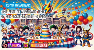 Como Organizar uma Festa de Aniversário My Hero Academia Incrível: Guia Completo com Dicas e Ideias Festa de aniversário temática inspirada em escola de heróis de anime, com crianças fantasiadas, balões coloridos (vermelho, azul, amarelo e preto), bolo com raio e estrelas em estilo cômico, e uma faixa com a frase “Plus Ultra!” em um cenário vibrante e animado.