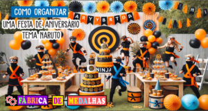 Como Organizar uma Festa de Aniversário Tema Naruto: Guia Completo com Dicas Incríveis! "Festa de aniversário infantil ao ar livre com tema ninja, com decoração em laranja, azul e preto, crianças fantasiadas de ninjas brincando, bolo decorado com espiral, balões e adereços temáticos em um ambiente alegre e colorido."
