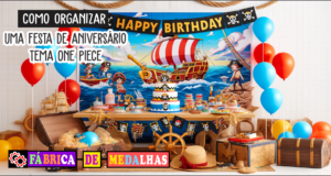 Como Organizar uma Festa de Aniversário Tema One Piece: Guia Completo e Criativo "Decoração de festa de aniversário infantil com tema pirata estilo anime, incluindo chapéus de palha, balões vermelhos e azuis, baú do tesouro com doces e bolo em formato de navio."