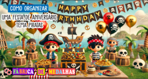 Como Organizar uma Festa de Aniversário Tema Piratas Incrível: Guia Completo “Decoração alegre de festa de aniversário tema Piratas com mesa decorada, bolo em forma de baú do tesouro, balões coloridos e crianças fantasiadas de piratas em ambiente ao ar livre.”