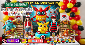 Como Organizar uma Festa de Aniversário com Tema Pokémon: Guia Completo e Criativo Festa infantil temática com monstrinhos e treinadores originais. Mesa com bolo colorido, cupcakes decorados, balões vermelhos, amarelos e pretos, banner de “Feliz Aniversário” e crianças fantasiadas em um cenário alegre e mágico.