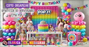 Como Organizar uma Festa de Aniversário Tema Pop It: Guia Completo e Criativo "Decoração de festa de aniversário tema Pop It com mesa colorida, bolo decorado, balões em tons pastel e crianças brincando com brinquedos sensoriais."