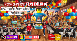Como Organizar uma Festa de Aniversário com Tema Roblox: Guia Completo e Criativo "Festa de aniversário infantil com tema Roblox, decorada com balões coloridos, personagens em tamanho real do jogo, mesa de doces temática e crianças fantasiadas se divertindo."