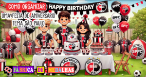 Como Organizar uma Festa de Aniversário Tema São Paulo FC: Guia Completo “Festa de aniversário com tema São Paulo FC, com balões vermelhos, brancos e pretos, bolo com o escudo do SPFC, crianças com camisas do time e mesa decorada com itens do clube.”