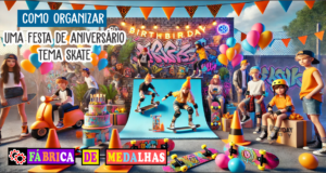 Como Organizar uma Festa de Aniversário com Tema Skate: Guia Completo e Criativo "Festa de aniversário com tema skate ao ar livre, com decoração colorida, rampas, skates, cones de trânsito, balões neon e crianças se divertindo com roupas urbanas e capacetes."