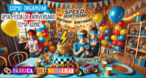 Como Organizar uma Festa de Aniversário Tema Sonic: Guia Completo Passo a Passo Festa infantil com tema de velocidade e aventura, decoração em azul, vermelho e amarelo, mesa com bolo decorado, balões, argolas douradas e crianças usando máscaras e medalhas.