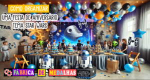 Como Organizar uma Festa de Aniversário Tema Star Wars: Guia Completo Decoração de festa de aniversário com tema espacial inspirada em Star Wars, com balões, luzes coloridas, bolo criativo e convidados fantasiados em um ambiente festivo e galáctico.