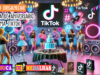 Como Organizar uma Festa de Aniversário com Tema TikTok: Guia Completo e Criativo "Festa de aniversário com tema TikTok, com decoração neon, balões coloridos, pista de LED, adolescentes gravando vídeos e mesa com medalhas personalizadas e lembrancinhas."