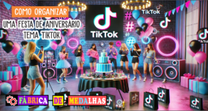 Como Organizar uma Festa de Aniversário com Tema TikTok: Guia Completo e Criativo "Festa de aniversário com tema TikTok, com decoração neon, balões coloridos, pista de LED, adolescentes gravando vídeos e mesa com medalhas personalizadas e lembrancinhas."