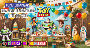 Como Organizar uma Festa de Aniversário Tema Toy Story Incrível e Divertida Festa infantil inspirada em Toy Story, com decoração temática de cowboy e espaço, incluindo balões coloridos, nuvens em parede azul, chapéu de cowboy, capacete espacial e crianças brincando ao ar livre.