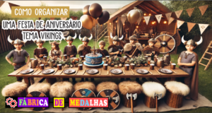 Como Organizar uma Festa de Aniversário com Tema Vikings: Guia Completo e Criativo "Festa de aniversário com tema Vikings em um quintal decorado com escudos, machadinhas, mesa rústica e bolo em formato de navio viking, com convidados fantasiados como guerreiros nórdicos."