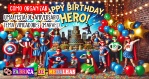 Como Organizar uma Festa de Aniversário Tema Vingadores: Guia Completo e Criativo "Festa de aniversário infantil com tema de vingadores super-heróis, com decoração colorida, mesa temática, balões vermelhos e azuis, crianças fantasiadas e painel de cidade ao fundo."
