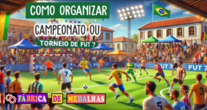 Como Organizar um Torneio de Fut 7: Guia Completo para um Evento de Sucesso magem de um torneio de Fut 7 em campo de grama sintética, com jogadores em ação, árbitro, torcida nas laterais, banner com o nome do evento e mesa de premiação com medalhas e troféu ao fundo.