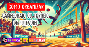 Como Organizar um Torneio de Futevôlei: Guia Completo Passo a Passo Jogadores disputando ponto em um torneio de futevôlei na areia, com torcida ao fundo e clima de verão