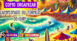Como Organizar um Campeonato de Surf: Guia Completo para um Evento Inesquecível Surfistas competindo em um campeonato na praia ao pôr do sol, com barracas coloridas, bandeiras e público assistindo da areia.