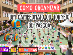 Como Organizar um Torneio de Páscoa Criativo e Divertido: Guia Passo a Passo "Crianças participando de um torneio de Páscoa em um pátio escolar decorado, com corrida do ovo na colher, obstáculos coloridos, coelhos de Páscoa e mesa com medalhas personalizadas."